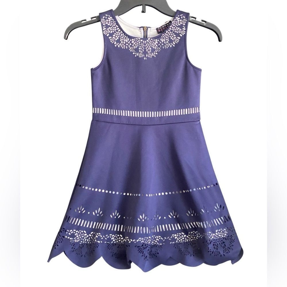 Hannah Banana Navy Laser Cut Overlay Girls Dress. Size 8.